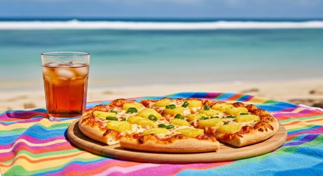 Vibrant Hawaiian Pizza on a Beach Towel, Pineapple Slices Glistening Under Sun