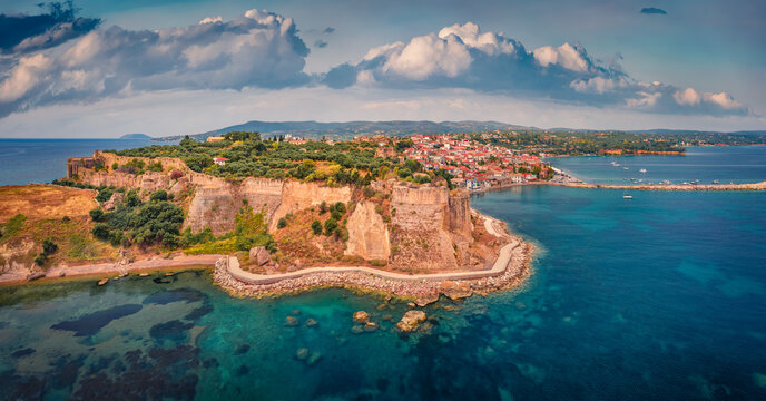 Magnificent summer view of Koroni's Castle. Astonishing morning seascape of Ionia sea, Koroni town, Messenia, Peloponnese, Greece, Europe. Traveling concept background.