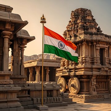 Waving flag of India on a pole in front of a stone chariot and ancient temple ruins