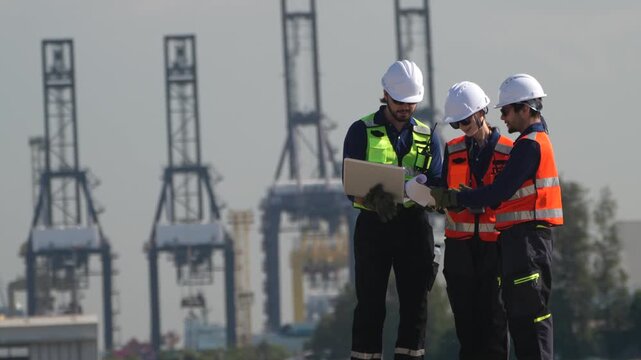 Industrial engineering team. supervisors checking data in front of harbor port cranes. Port operation managers inspecting shipping freight terminal. Engineering team checking logistics plan outdoors.
