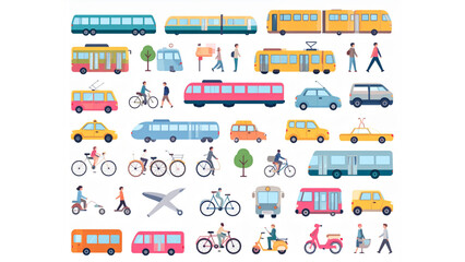 Fototapeta premium Public Transport Icon Set – Urban Mobility Flat Vector Collection