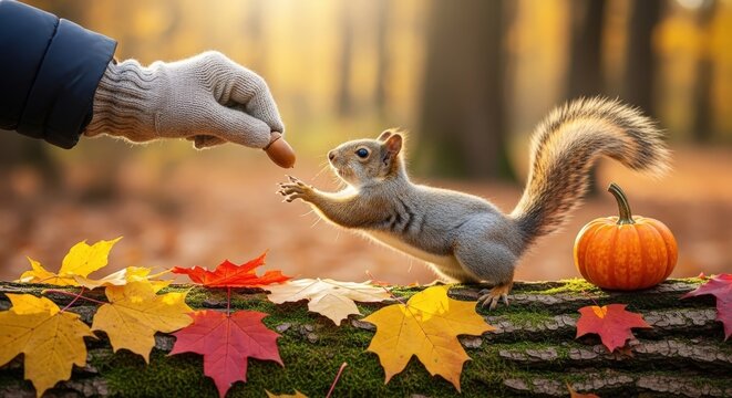 Squirrel reaching for acorn while autumn leaves and a pumpkin create a colorful backdrop in a serene forest
