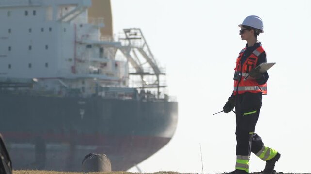 Industrial safety inspector wearing hardhat and sunglasses working with digital tablet. Female port manager communicating with radio during outdoor operation.