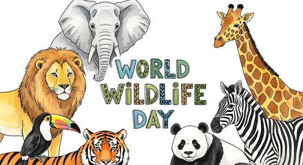 Fototapeta premium Colorful World Wildlife Day Illustration with Diverse Animals