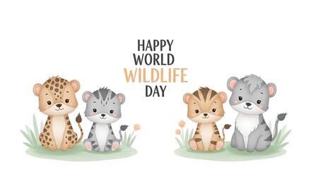 Obraz premium Cute Animal Cubs Sitting in Grass with Happy World Wildlife Day Message
