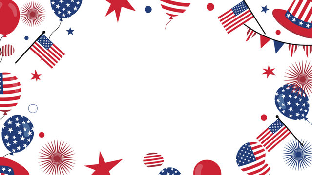 Festive fourth of july background frame decorated with american flags balloons fireworks stars and festive red white and blue hats.