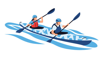 Two active individuals paddling a tandem blue kayak through moving water as part of a recreational outdoor adventure.