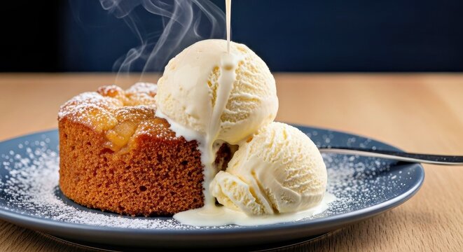 Warm Apple Cake With Melting Vanilla Ice Cream, Cozy Cafe Setting