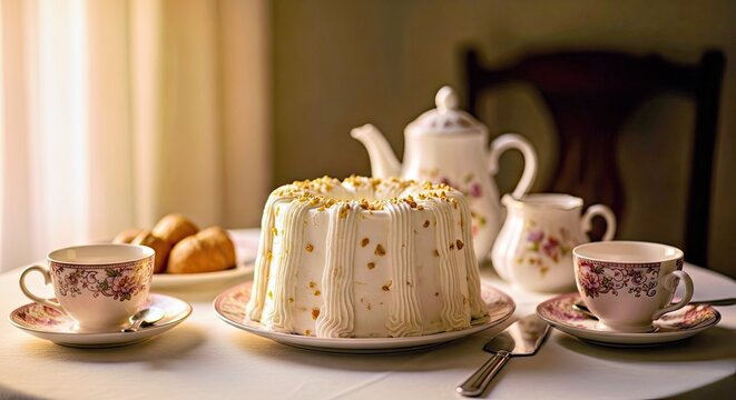 Warmly Lit Angel Cake, Cozy Afternoon Tea Scene, Comforting Culinary Moment