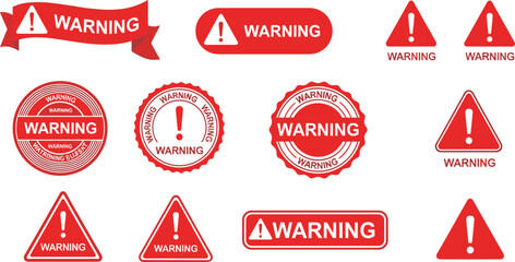 Obraz premium Red warning sign illustration set, hazard safety signage design, caution alert artwork, exclamation symbol motif, workplace danger communication icon