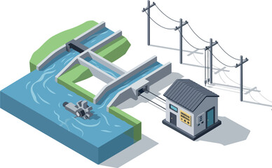 Hydroelectric Dam Illustration Showing Water Flow and Electricity Generation Process