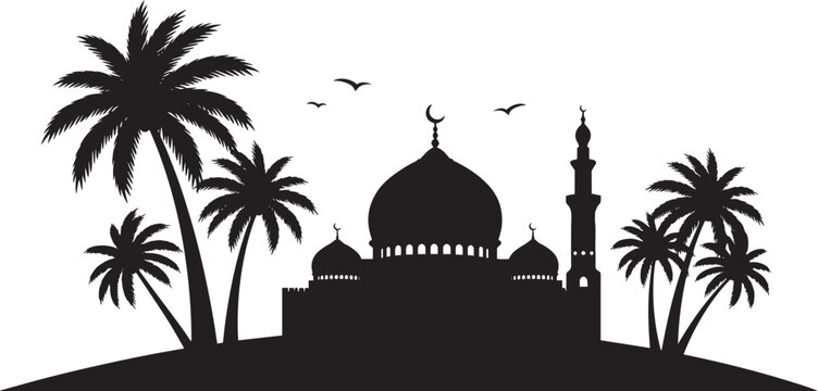 Panoramic silhouette of Islamic mosque with minarets and domes, surrounded by palm trees, birds flying in sky, traditional architecture, cultural landmark, peaceful desert landscape, graphic design