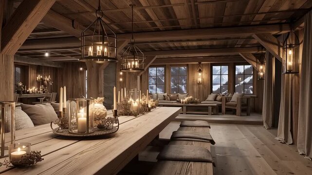 Cozy alpine chalet dining room with wooden table and candles creating warm rustic winter atmosphere