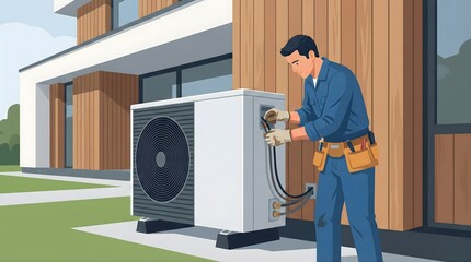 Technician installing a modern air source heat pump at an eco-friendly residential house, renewable energy and sustainable heating concept.