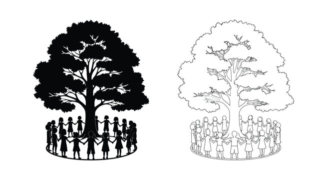 People holding hands around a tree depicted in contrasting styles