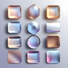 A collection of glossy 3D rounded square icons arranged in a grid layout. Each icon features metallic reflections and soft gradient colors, representing a modern user interface icon pack suitable for 