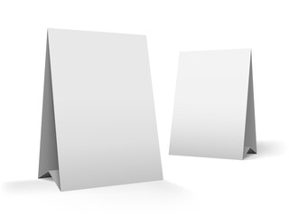 Table top advertising tent template. White blank paper banner stand for counter display. Realistic mockup. Vector mockup of a tabletop advertising graphic card for a cafe. Blank mockup on a table. © Margarita 