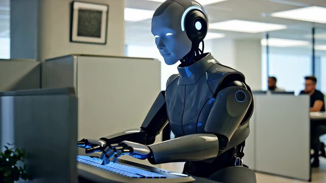 AI robot employee worker in office cubicle, Future Robotic Assistance, Robotic Job Employment Artificial Intelligence Cooperation