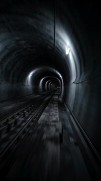 Motion blur in dark tunnel captures glowing train lights and wet tracks