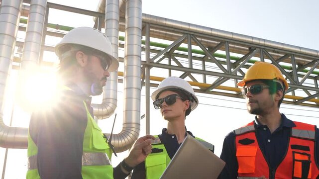 Specialized petroleum engineers evaluating hydrocarbon pipeline infrastructure. Industrial experts conducting facility diagnostics at petrochemical installation.
