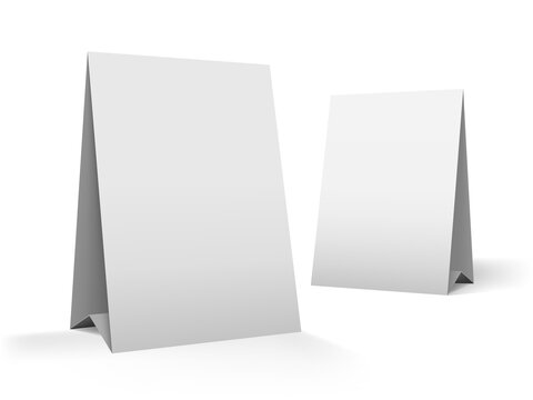 Table top advertising tent template. White blank paper banner stand for counter display. Realistic mockup. Vector mockup of a tabletop advertising graphic card for a cafe. Blank mockup on a table.
