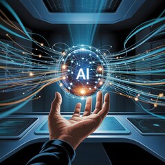 Glowing artificial intelligence sphere with connected data streams above a human hand in a futuristic control room, symbolizing AI networks, machine learning, data flow, and advanced digital