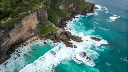 Hidden cliff-edge rock formation naturally filled with turquoise ocean water, waves crashing below, aerial drone perspective, vibrant yet realistic color grading.