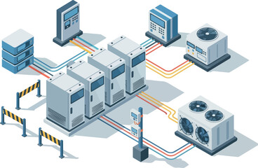 Obraz premium Industrial air conditioning units connected by colored pipes in a technical setup viewed from above