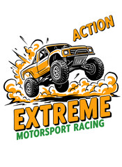 Extreme motorsport racing design. Off road truck jumping artwork. Action graphic print for apparel. Monster truck vector design. Speed power challenge © panji