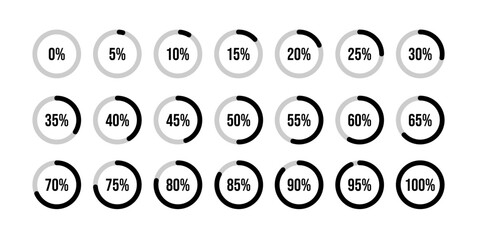 Circular Loading Progress Bar Vector Set with Percentage Indicators from 0% to 100%. Black Circle Process Loader Icons 0%, 5%, 10%, 20%, 20%, 30%, 40%, 50%, 60%, 70%, 80%, 90%, 100%