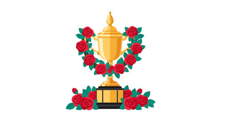 A golden trophy cup with a laurel wreath of red roses on a pedestal base