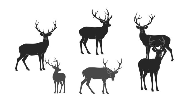 Collection of black deer silhouettes with majestic antlers in various standing and walking poses isolated on white background.