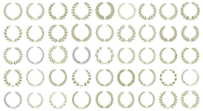 Large collection of olive and laurel wreaths in various leaf styles and circular frames isolated on a white background.