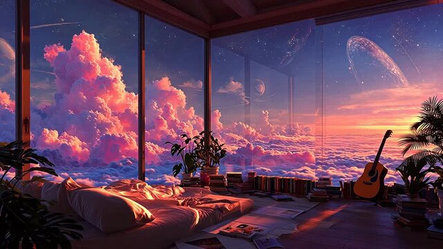 Bedroom with cosmic view through large windows