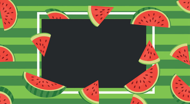 Summer themed chalkboard frame surrounded by scattered watermelon slices over a green striped background for menus or notes.