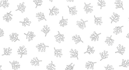 Naklejka premium Simple and clean seamless pattern featuring small black leaf outlines scattered evenly across a white background for a minimalist look.