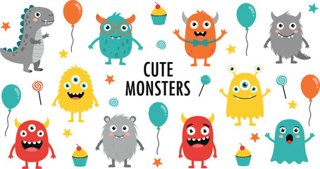 Cute Cartoon Monsters Collection With Funny Characters Balloons And Candy For Kids Design © Garun Creative