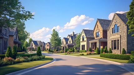 Naklejka premium Luxury Suburban Neighborhood Street with Modern Houses