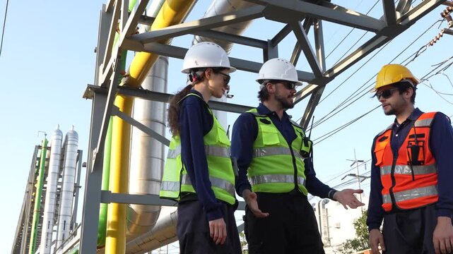 petroleum engineers evaluating hydrocarbon pipeline. Technical reviewing mechanical compliance at outdoor refinery. HSE professionals executing risk mitigation protocols at industrial pipeline grid.