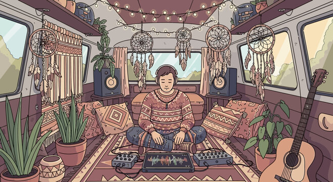 Young man meditating in a cozy bohemianstyle camper van 1.