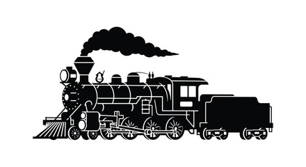 Simple black silhouette of a vintage steam locomotive with billowing smoke © Tm Studio