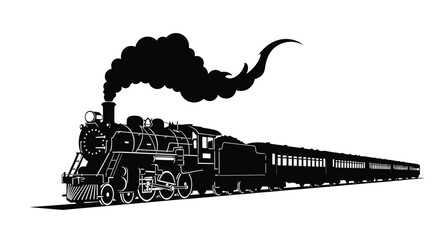 A black and white illustration of a vintage steam locomotive in profile © Tm Studio