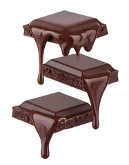 Obraz premium Stacked Chocolate Pieces with Melted Chocolate Dripping Effect 