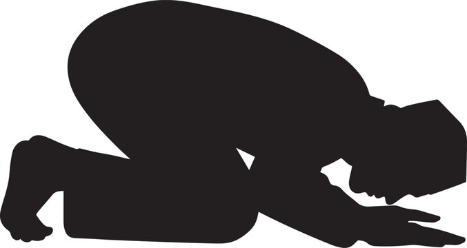 Black silhouette of a Muslim man prostrating in prayer on a transparent background, depicting a moment of spiritual devotion and worship in Islamic tradition