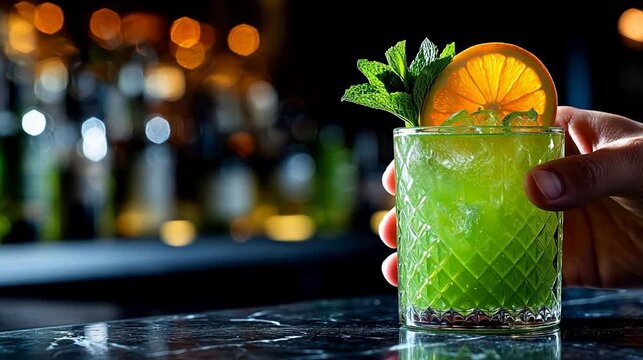 Green cocktail with orange slice and mint