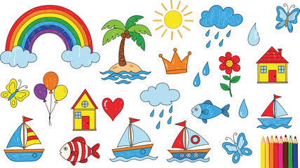 Colorful hand drawn doodle icon set featuring rainbow, sun, clouds, palm island, sailboats, butterflies, fish, houses, balloons, and school supplies. © ferdousi