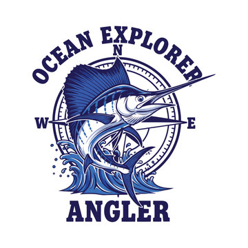 Fishing Ocean explorer angler logo with marlin fish and compass tshirt design