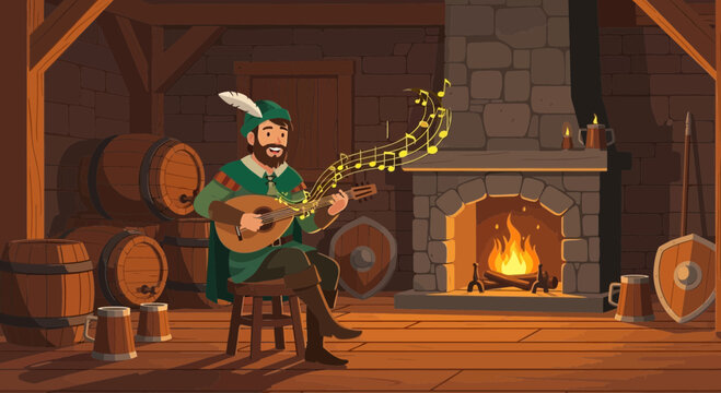 Happy medieval bard playing lute and singing a song.