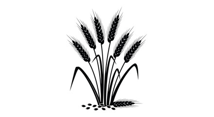 A stylized black and white illustration of several wheat stalks with grains