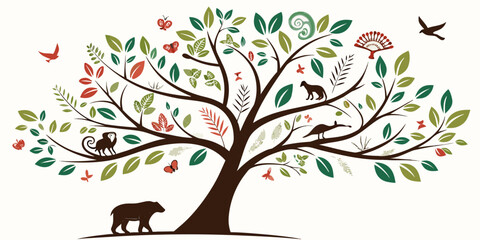 Fototapeta premium A vibrant tree with diverse wildlife and colorful foliage in a whimsical illustration